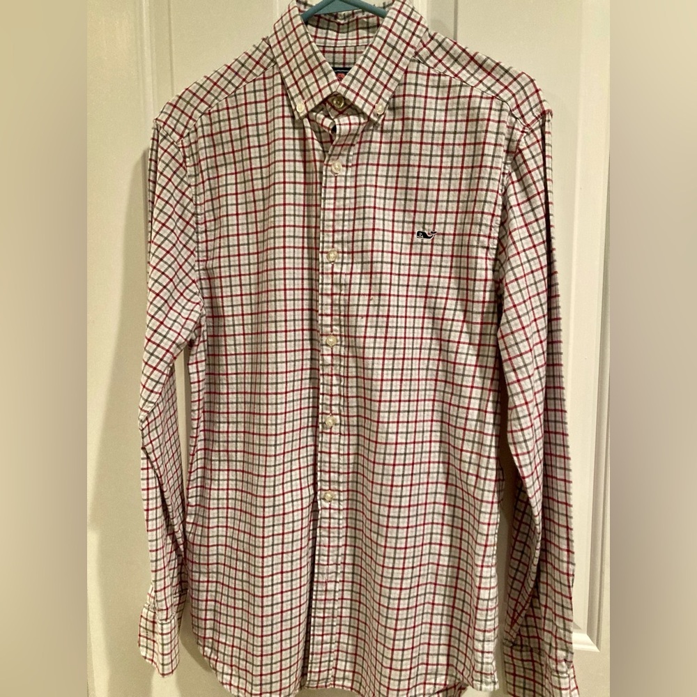Vineyard Vine’s Men’s Long Sleeve Button Down Whale Shirt Red White Flannel